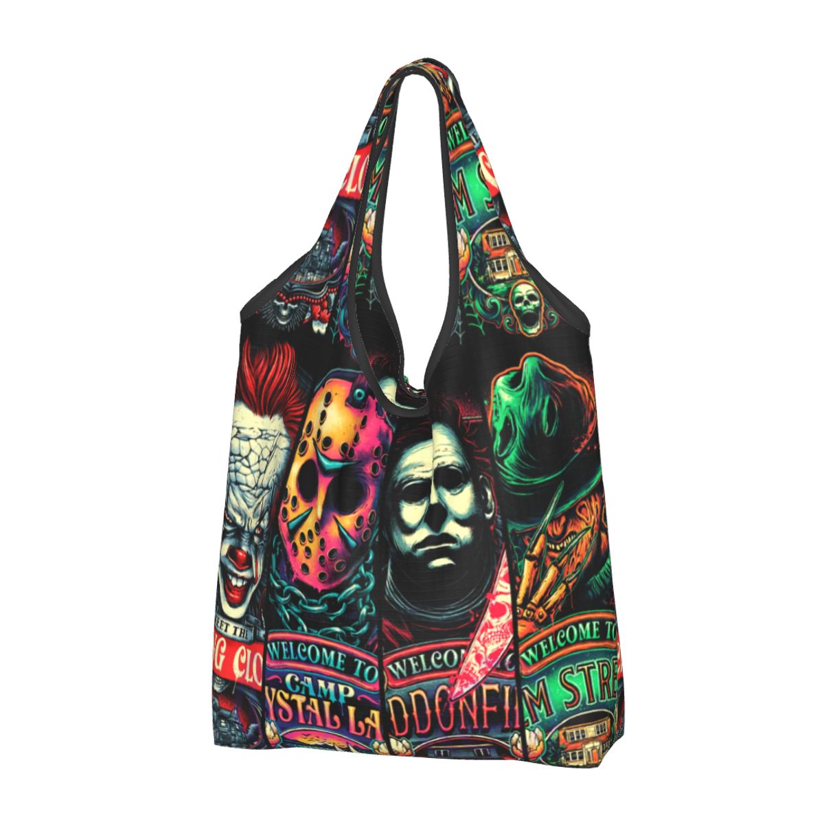 Custom Reusable Halloween Horror Movie Character Shopping Bag Women Tote Bag Portable Groceries Shopper Bags: Khaki