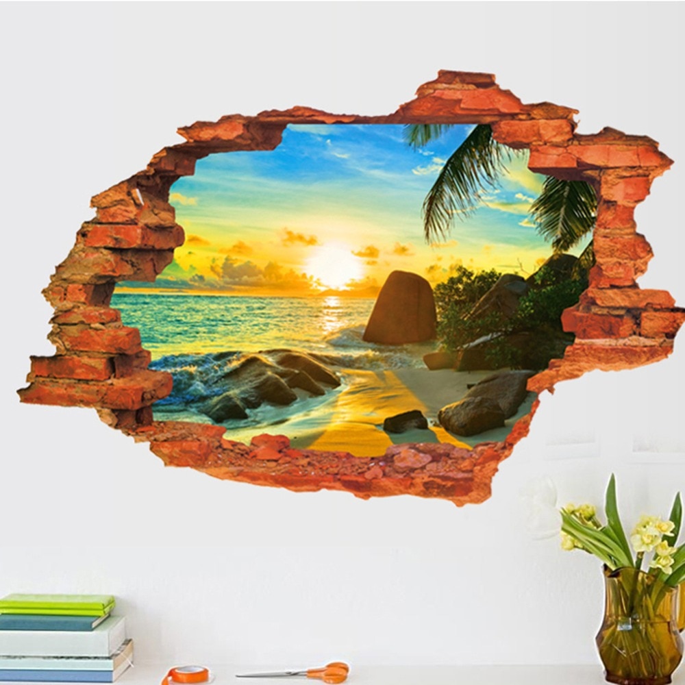 3D Gebroken Zonsondergang Landschap Zeegezicht Island Muursticker Woonkamer Slaapkamer Verwijderbare Achtergrond Woondecoratie Decals Art Stickers