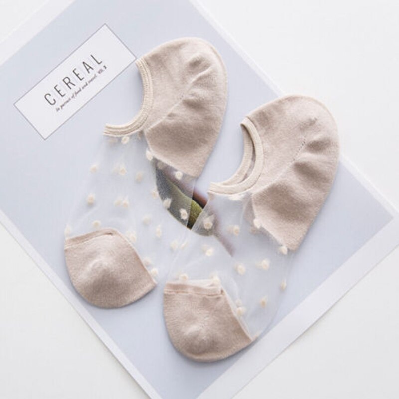 Women Lace Socks Crystal Glass Silk Knit Girl Dot Print Transparent Summer Invisible Sock Slippers: Khaki