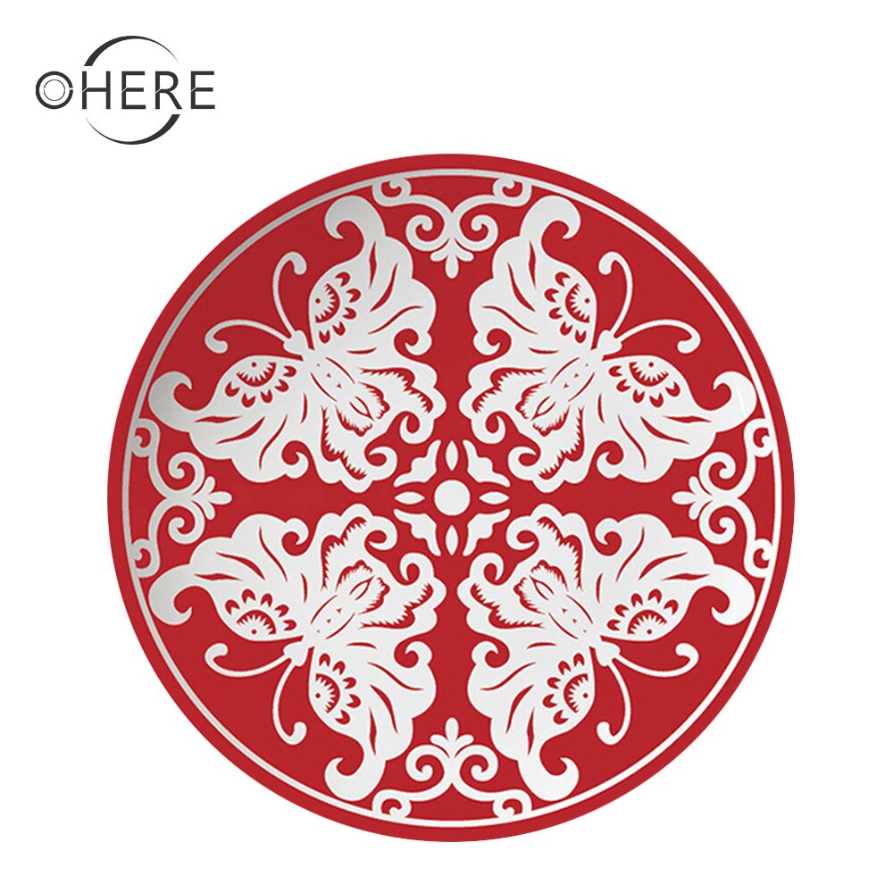 Chinese style red paper-cut pattern bone china tableware round plate set wedding festive dinner plate