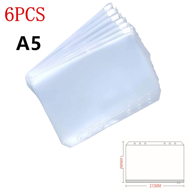 KDD Binder Pockets A5/A6/A7 Binder Loose Leaf Bag Clear Zipper Folders For 6-Ring Notebook Binder Pouch Document Filing Bags: A5 6PCS