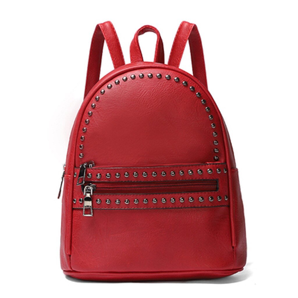 PU Leder Frauen Rucksack Weibliche Schwarz Retro Rucksäcke Kleine Zipper Niet Taschen Student Rucksack Solide Rucksack Für Mädchen: Rot