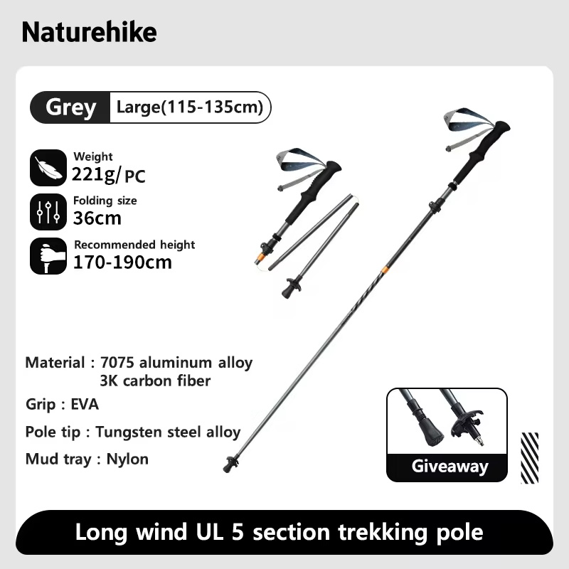 Naturehike Long Wind Trekking Poles Carbon Fiber 7075 Aluminum Alloy Five-section Folding Lightweight Walking Sticks Climbing: light green