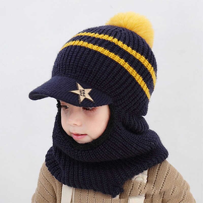 Knit Short Plush Hooded Scarf Kids Hat And Scarf Child Winter Warm Protection Ear Cap Scarves Girls Boy Accessories: navy