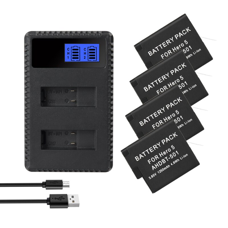 Batterij 1250 mah voor gopro hero 7 6 5 go pro hero 5 hero 6 hero 7 black ahdbt 501 ahdbt -501 camerabatterijen oplader: 1 oplader 4 accu's
