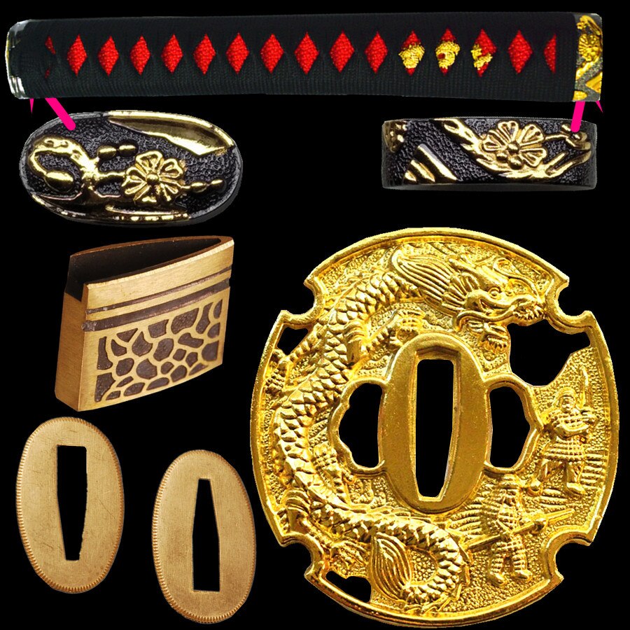 Dragon Theme Metal Crafts Kirsite Sword Guard for Katana/Wakizashi Accessory Set Tsuba+Menuki+Fuchi+Kashira+Handle+Habaki+Seppa: A