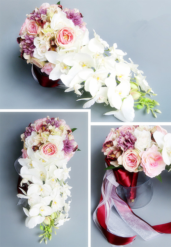 AYiCuthia Waterfall Pink white Wedding Flowers Bridal Bouquets Artificial Wedding Bouquets Rose S11