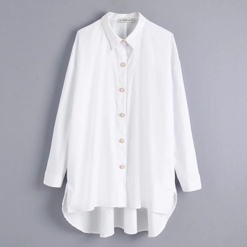 Mulheres cor sólida pérola botões blusa casual camisas femininas manga longa solta blusas elegantes branco feminino topos ls4232