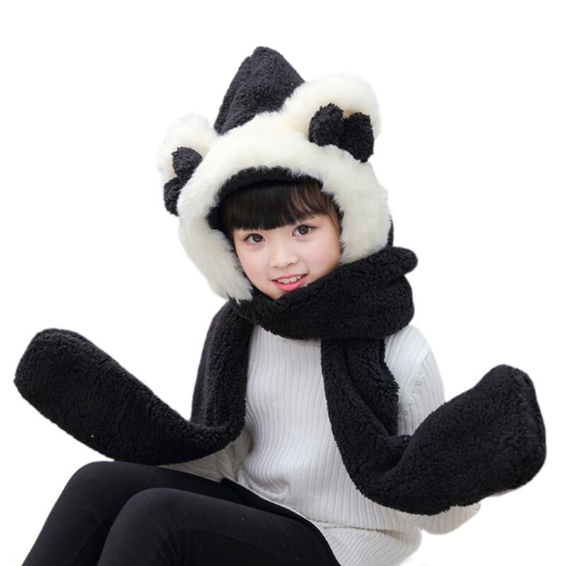 3 In 1 Furry Animal Hood Hat Scarf Mittens Warm Plush Hoodie Cap With Earflaps Full Pockets Winter Faux Fur Cartoon Beanie Hat Earmuffs For Men Women Brown, Brown, One Size