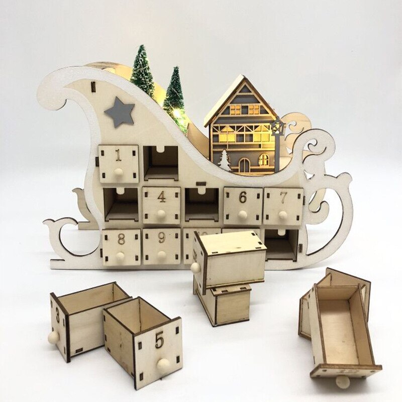 Wooden Advent Calendar Countdown Christmas Party Decor 24 Drawers Christmas LED Light up Decoration Box Advent Calendars