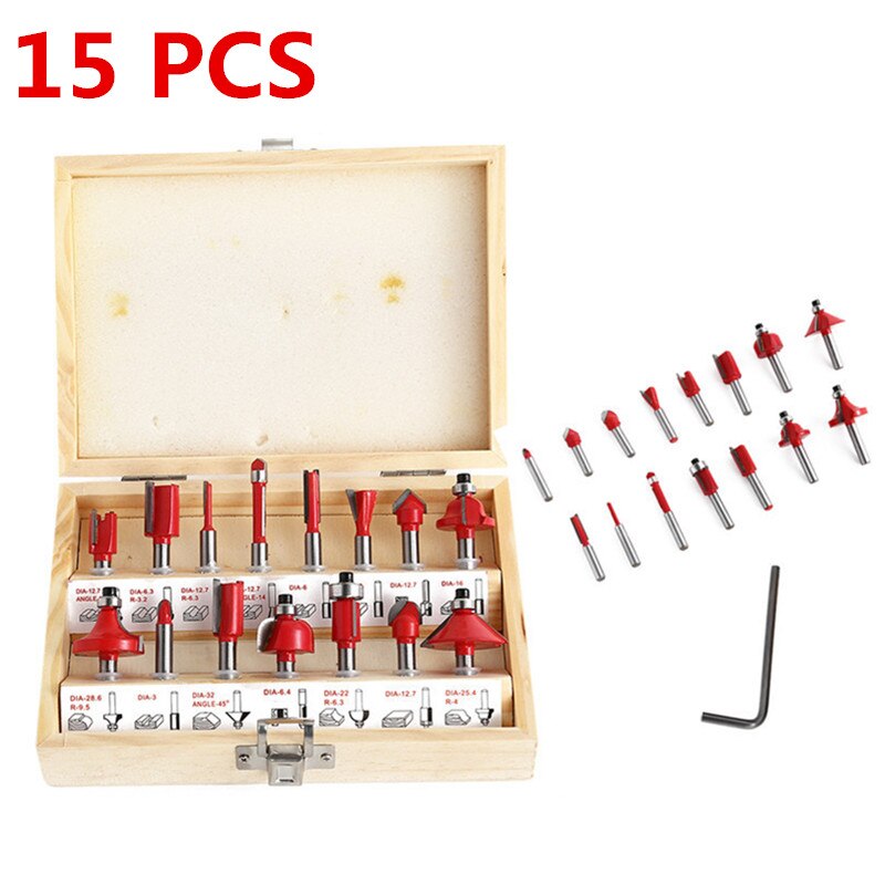 800w 30000 rpm träbearbetning elektrisk trimmer träfräsning gravering slitsning trimmaskin handsnidera träfräs: 15 st bit röd