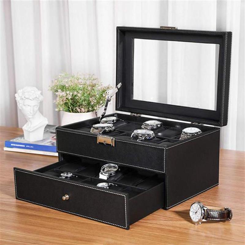 Watch Box 20 Mens Case Glass Top Display Organizer Lockable Black Home Storage ANd Organization