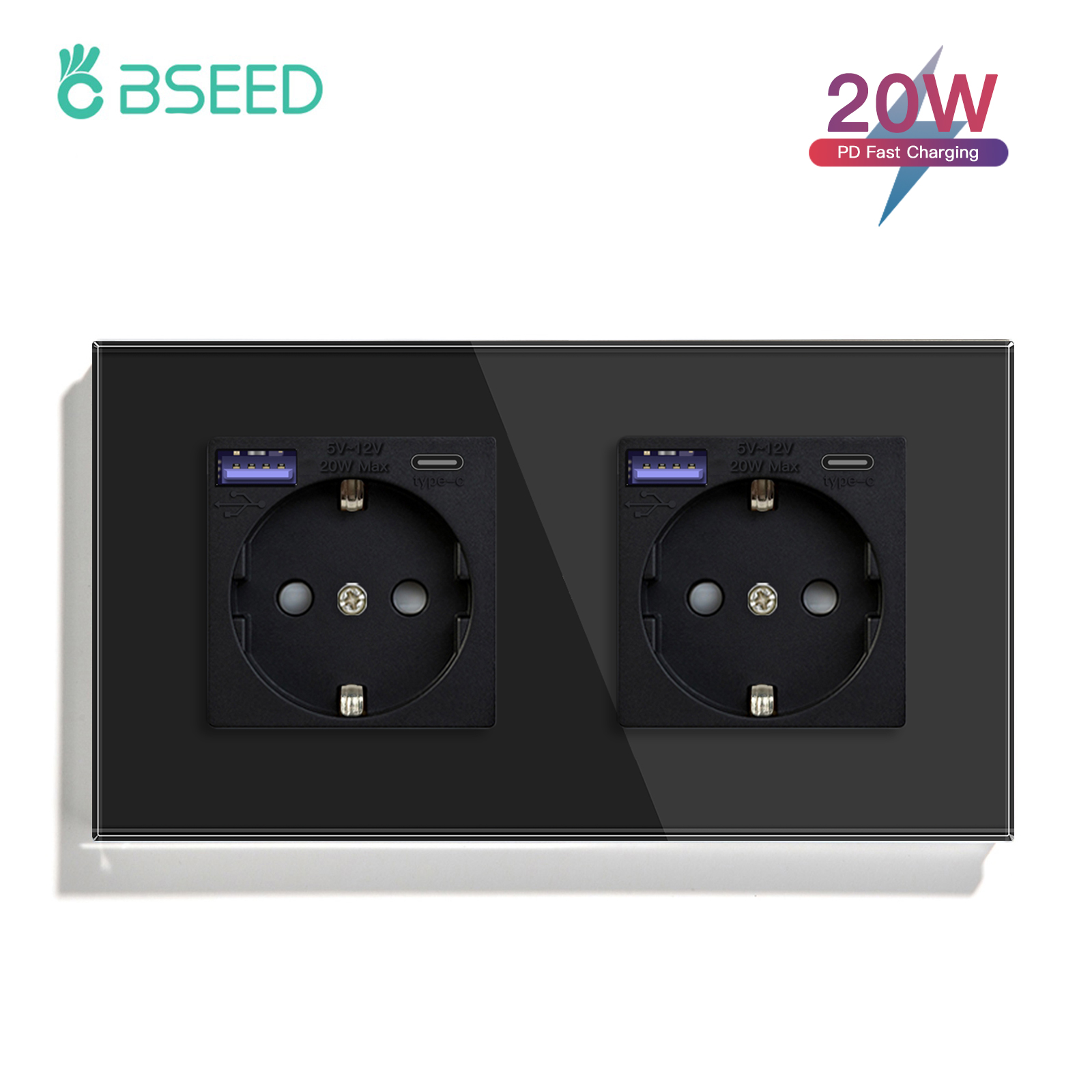 BSEED-Prise murale double standard UE, panneau en verre cristal, 3 couleurs, blanc, noir, doré, 16A, 110V-240V: Type9