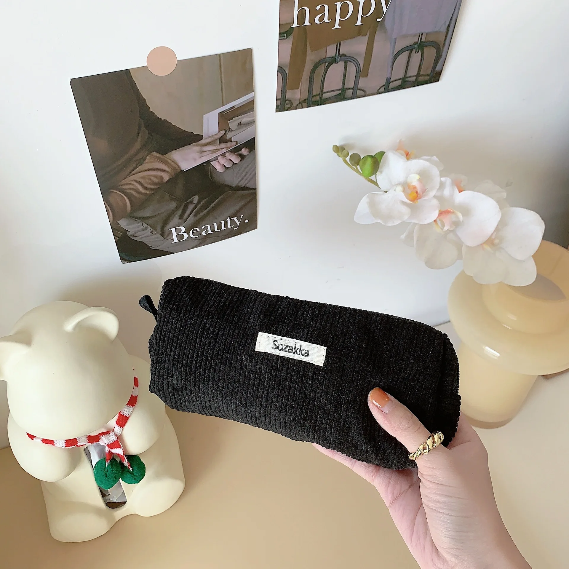 Bolsa de lápices de almacenamiento de papelería sólida, pana para estudiantes de secundaria, estuches de lápices de papelería, suministros escolares: Negro