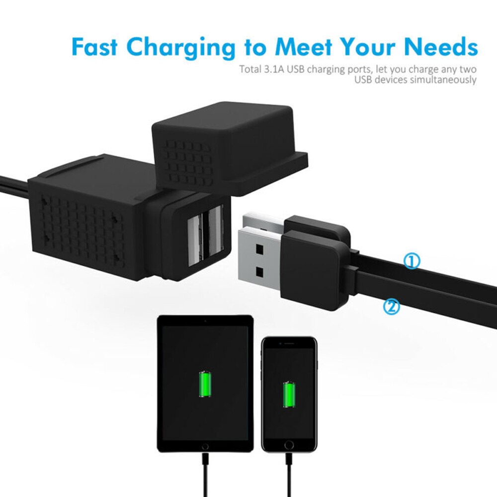 3.1A Motorcycle SAE Cable To 2 USB Adapter Weatherproof Charger Socket Durable And Practical