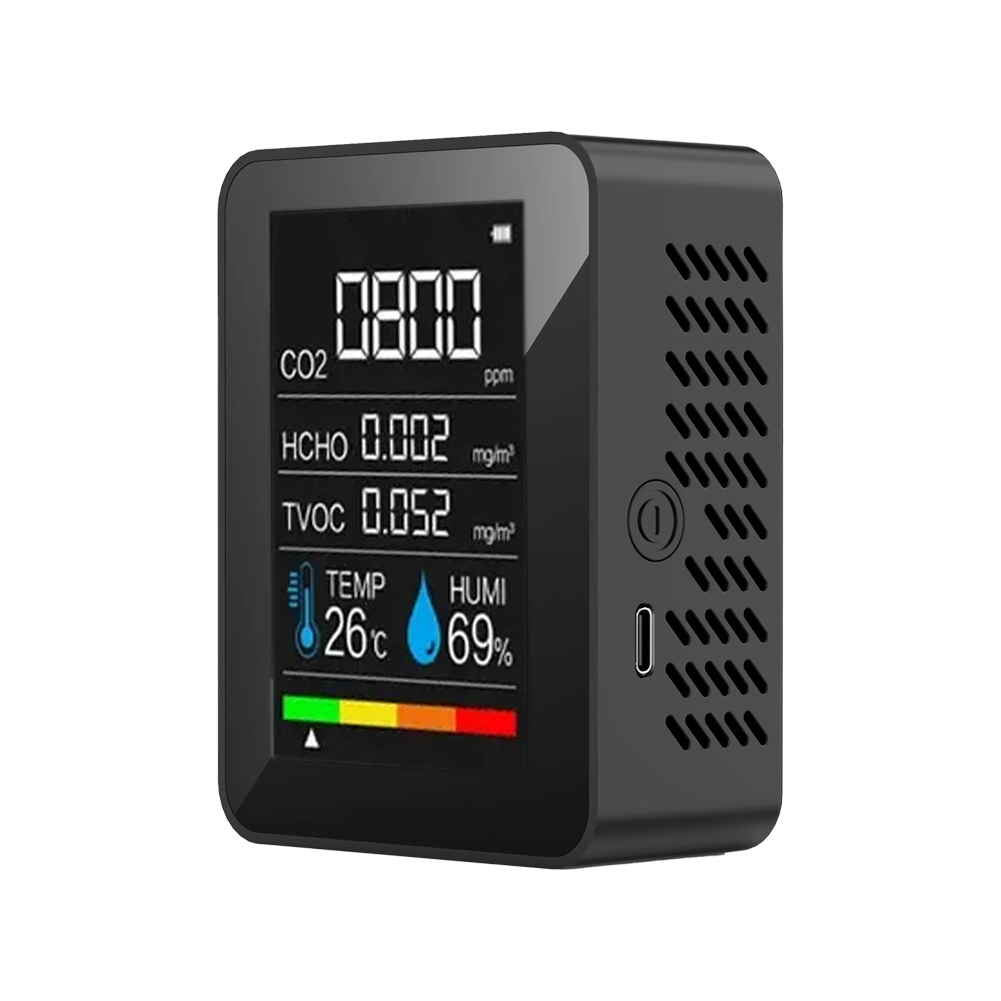 5- -i- -1 digital luftmåler tvoc formaldehyd  co2- tester med temperatur og fuktighet lcd-skjerm, oppladbar karbondioksid-luftdetektor: Svart