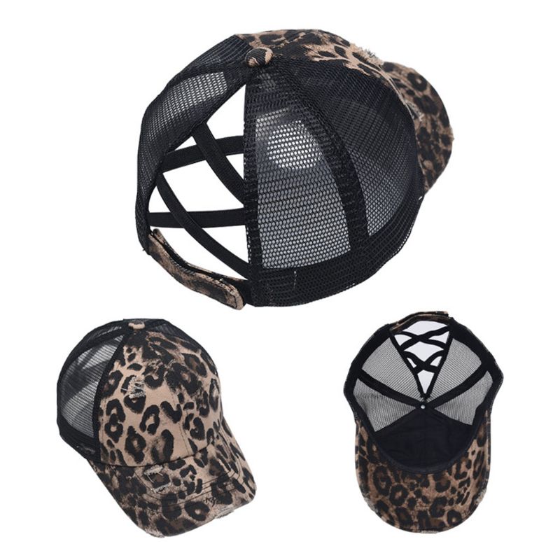 Women Distressed Washed Mesh Baseball Cap Leopard Camo Ponytail Band Trucker Hat: 3
