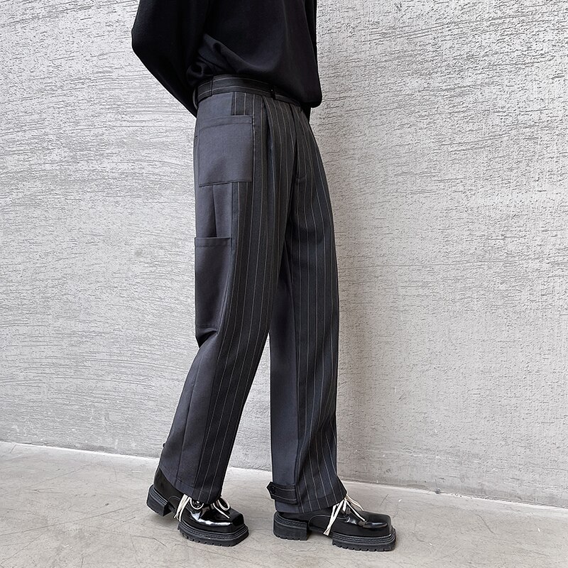 Mannen Gestreepte Splice Multi-Pocket Casual Straight Pak Broek Mannelijke Streetwear Mode Vintage Pak Broek Man