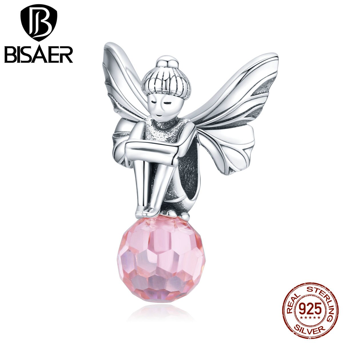 Cuentas de hadas BISAER, abalorios de Plata de Ley 925 de gran con forma de flor de elfo, cuentas de circonita rosa para joyería Original de plata 925 ECC1483