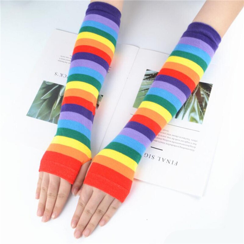 Regenbogen Farbe Lange Warme Handschuhe 40CM Japanischen Stil Neue Dünne Weibliche Arm Ärmel gestreift betroffen Sonnencreme Frühling Herbst Handschuhe