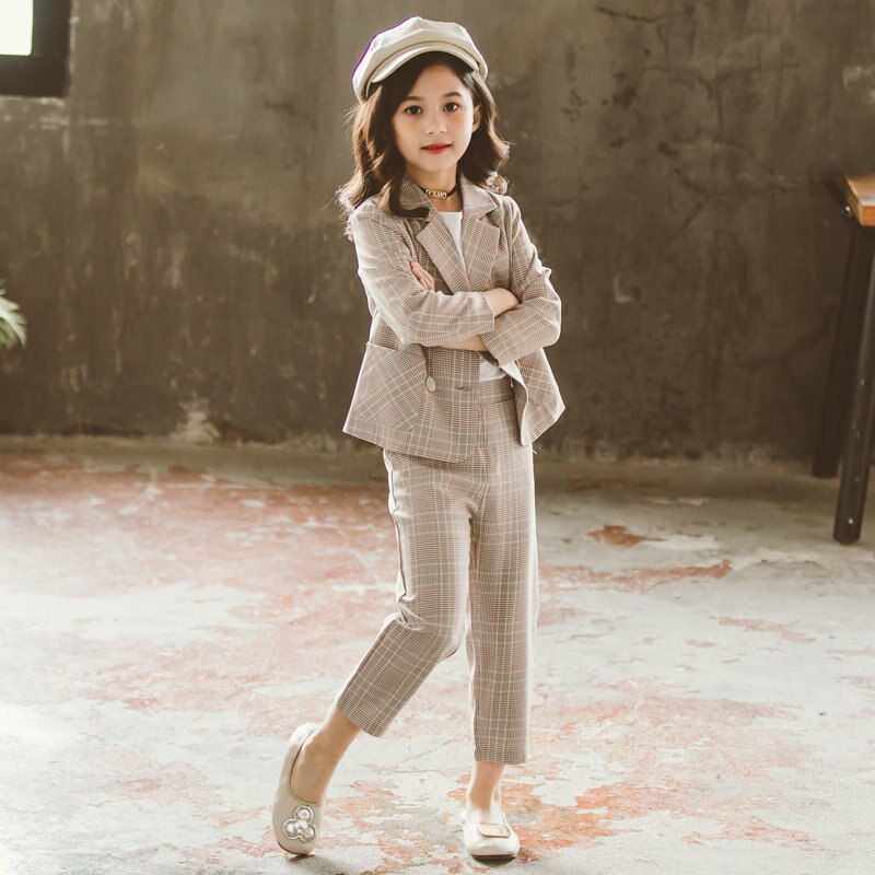 Veste + jupe + chemisier à carreaux pour filles, ensemble 3 pièces de de luxe, veste + jupe + chemisier, tenue décontractée pour adolescentes, printemps et automne