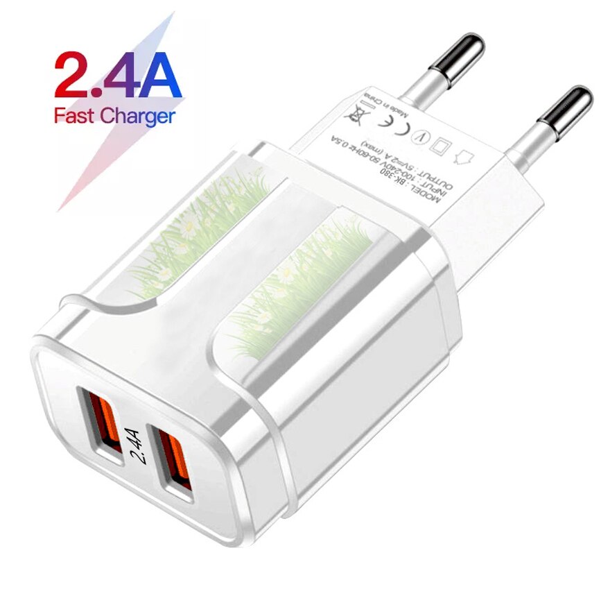 AIXXCO 5V 2A EU Plug LED Light 2 USB Adapter Mobile Phone Wall Charger Device Quick Charge QC 3.0 Mobile Charger Fast Charger: 2.4A-White