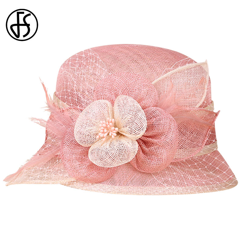 FS Sinamay-sombreros de flores para mujer, sombrero rosa de ala ancha, estilo Derby, tocado para boda, iglesia, , Chapeu femenino