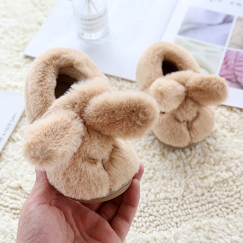Cute! baby girls bunny Shoes Little Girls cartoon Slipper Home Shoes for Kid keep warm solid winter shoes soft plush shoe lovely: Khaki / 20