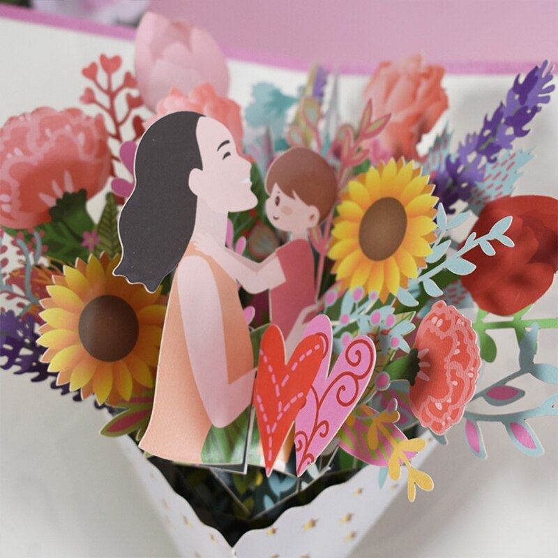3D Pop-Up Flower Bouquet Greeting Card for Happy Birthday Mother's Day with Envelope