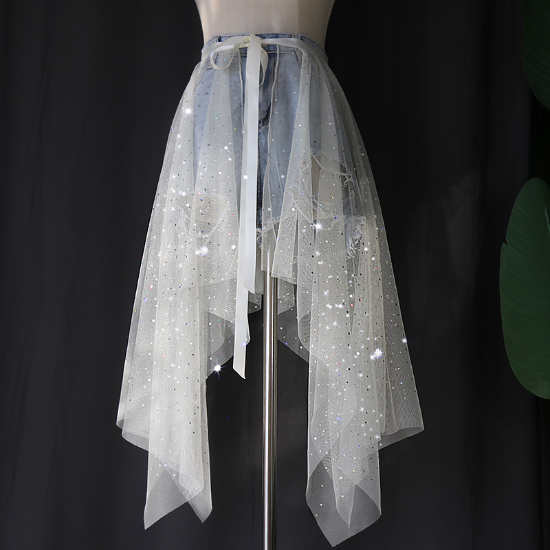 Gonna da donna in rete con stelle a rete glitter irregolari Gonna da balletto monopezzo Gonna lunga in tulle a vita alta Spettacolo di danza cosplay: Beige