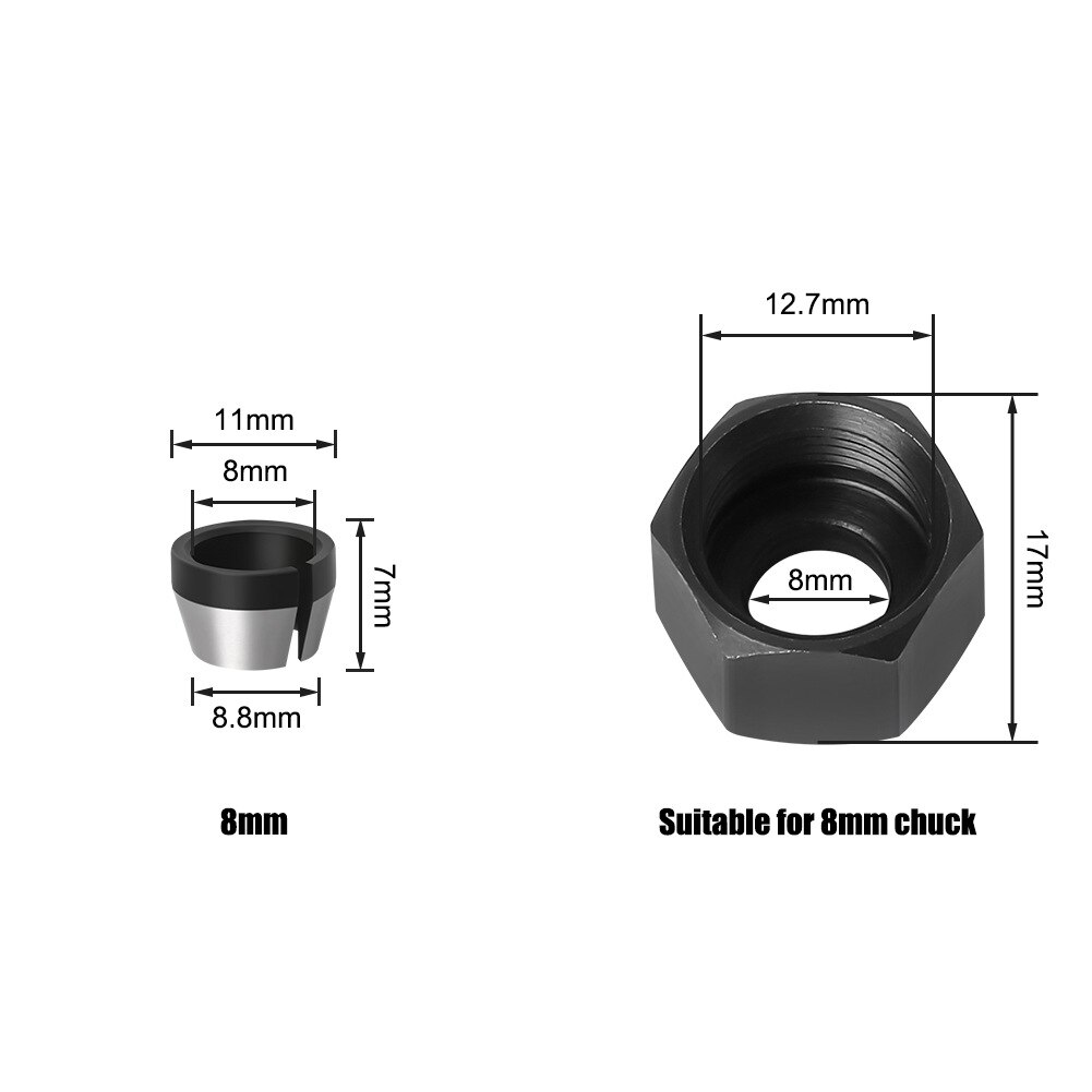 2 st/set 6mm or 6.35mm or 8mm hylsa chuck med mutter gravering trimmaskin elektrisk fräs fräs fräs träbearbetningsverktyg: 8mm uppsättningar