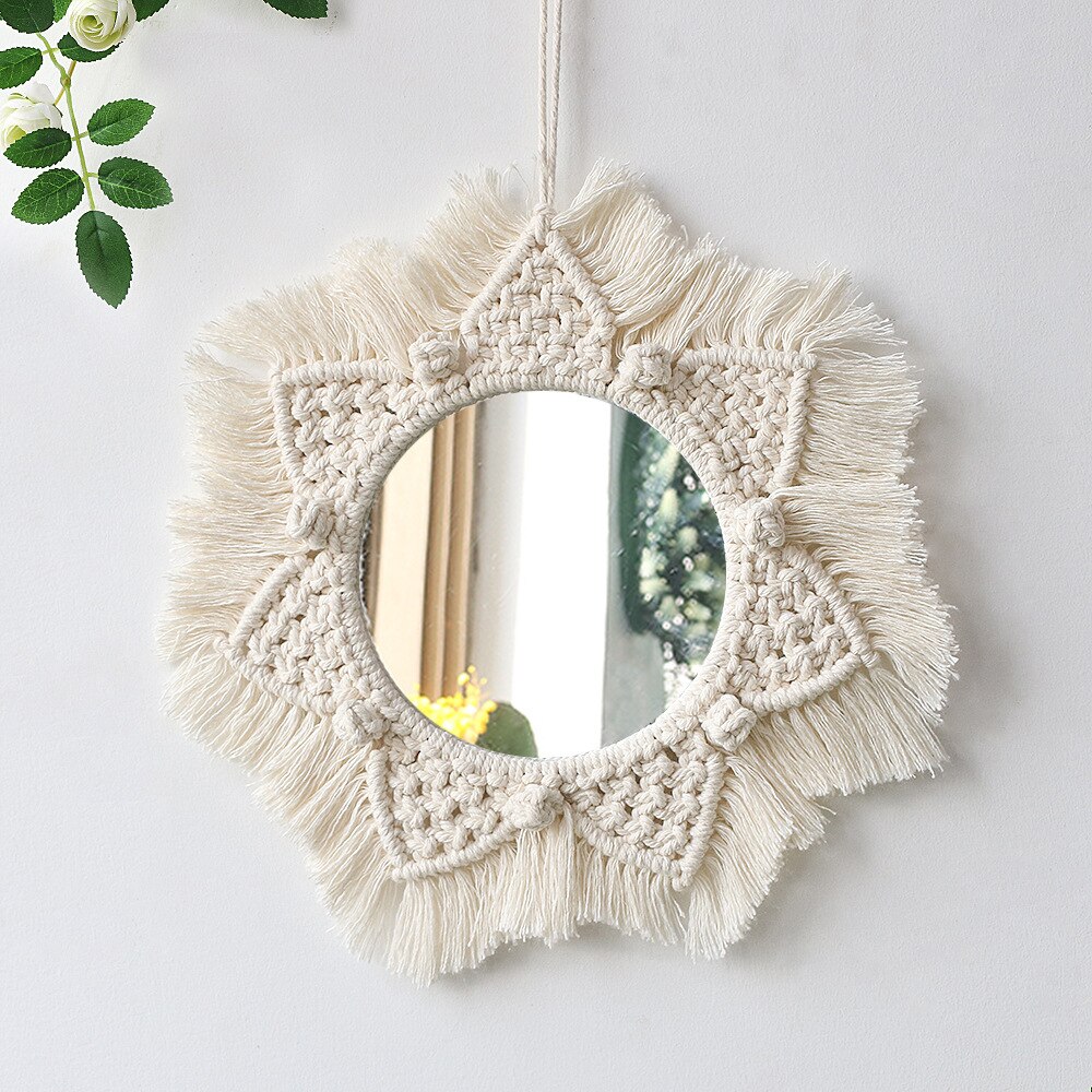 Espejo de pared colgante con flecos de macramé, redondo, bohemio, decoración artística para apartamento, sala de estar, dormitorio de bebé, guardería, entrada: 09