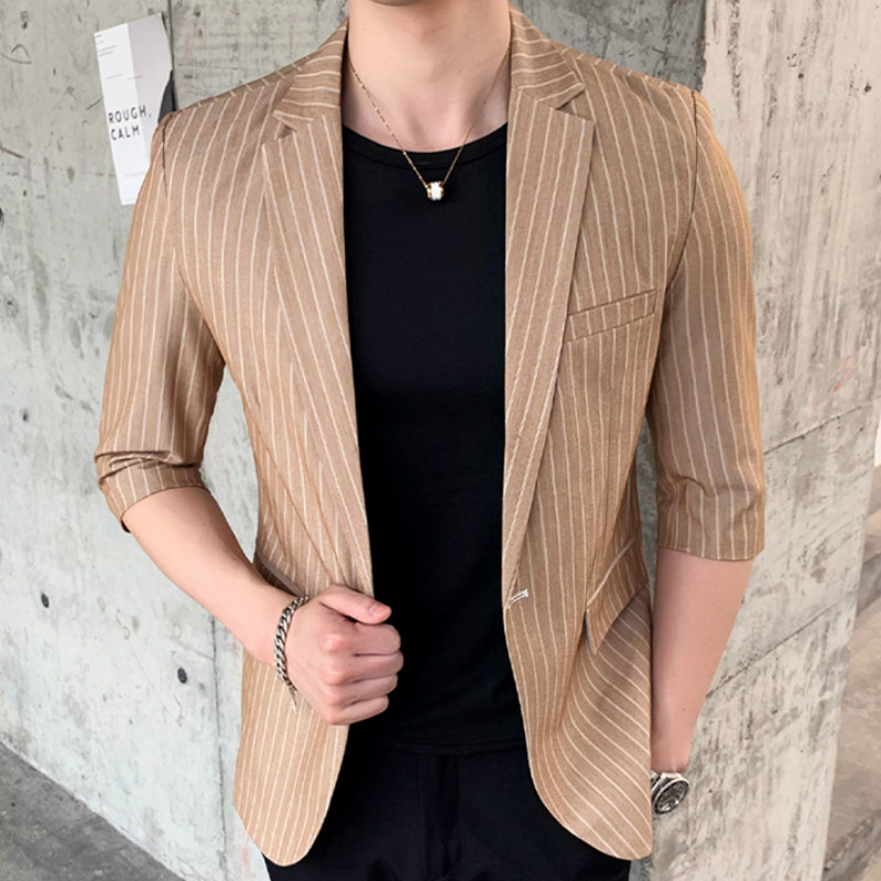 Sommarrandiga herrkavajer slim fit casual affärskostymjacka enkelknapps halvärm kavaj homme bröllopskostymkappa