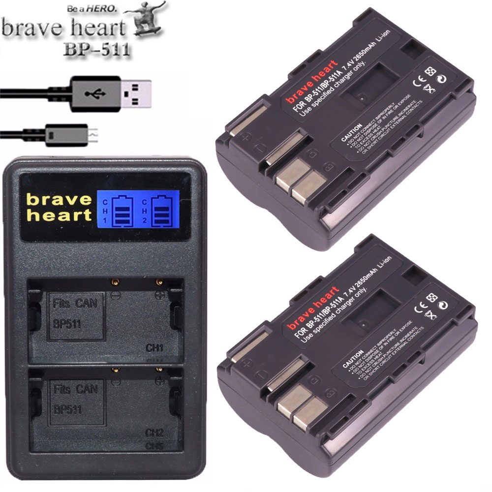 3x 7.4v 2650mah BP-511A BP-511 BP 511 511A BP511 BP511A Battery + LCD USB Charger for Canon EOS 40D 300D 5D 20D 30D 50D camera: charger and 2battery