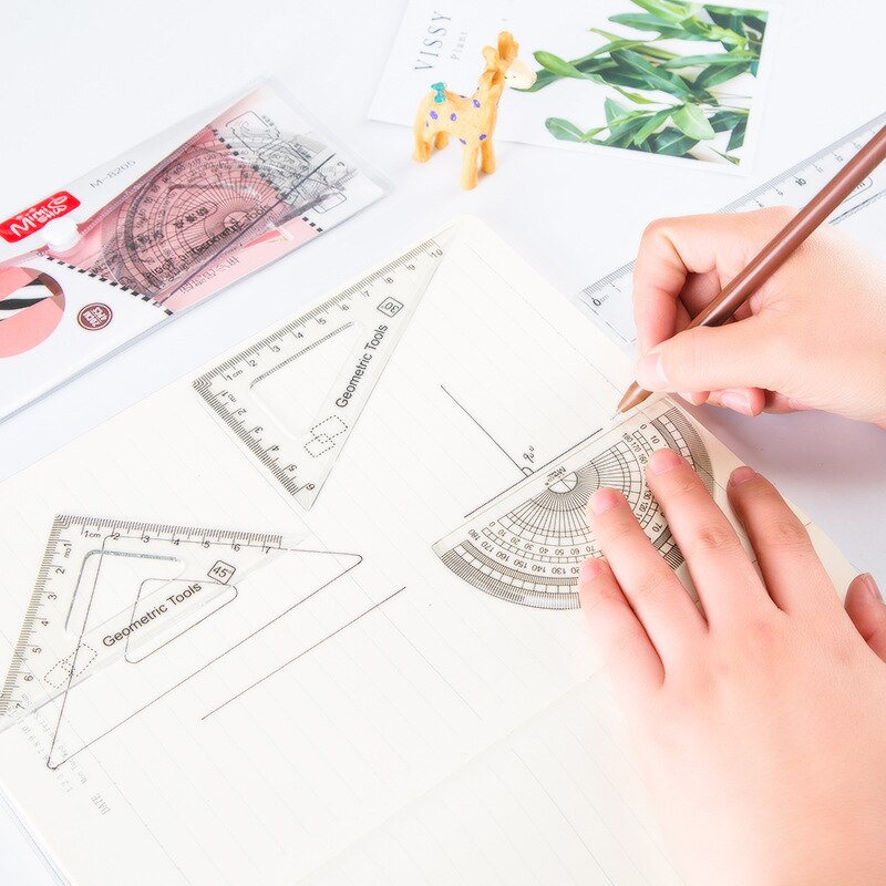 4 pcs/set Cute Straight Ruler Protractor Students Plastic Triangle Ruler Set Kids Office School Supplies