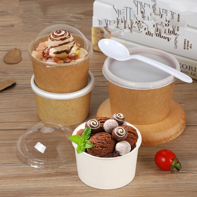 50pcs 200ml 300ml pudding jelly dessert paper cups with lid takeaway package White disposable ice cream cup party birthday favor