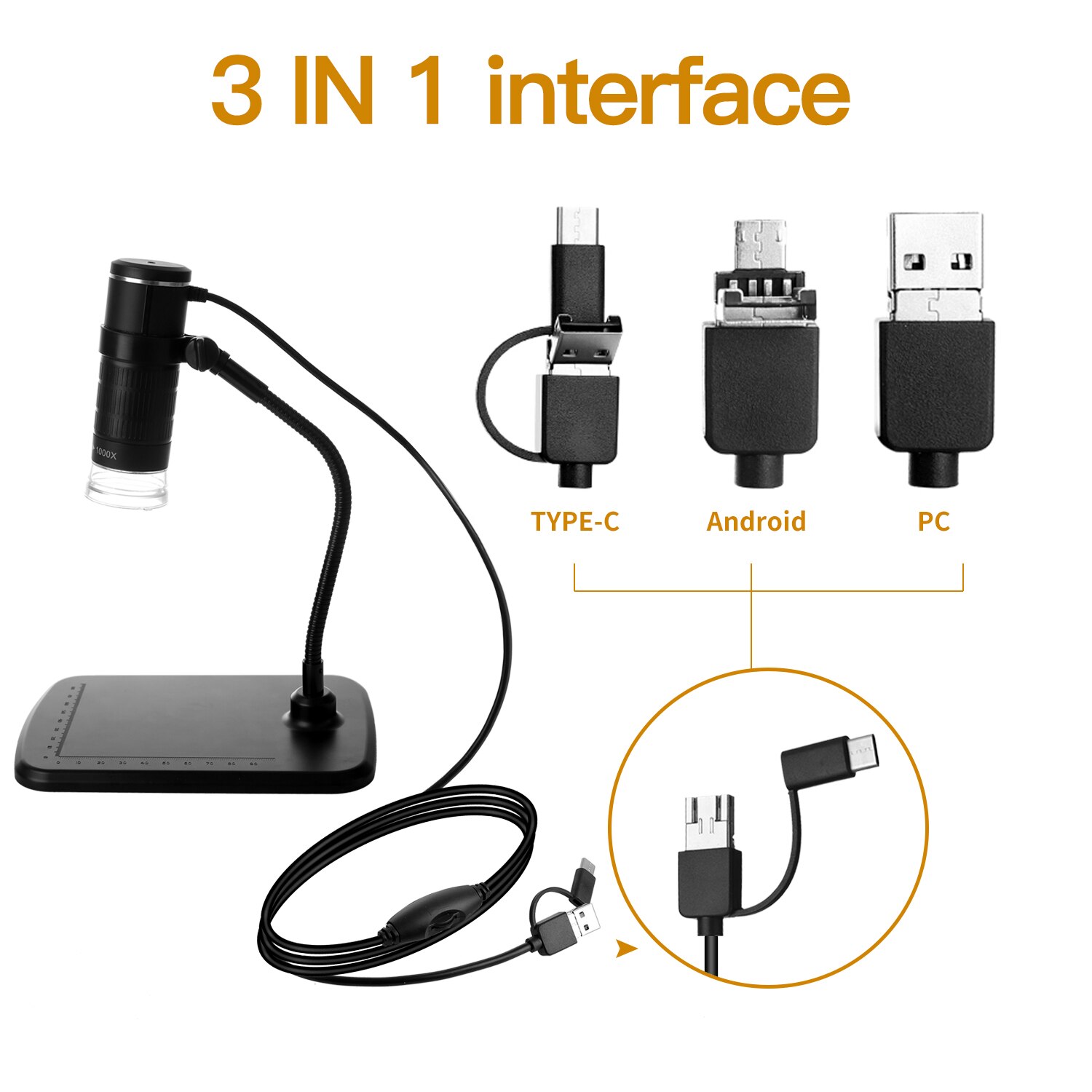 3-in-1 Digital Microscope 1000X Magnification HD 1080P Mobile Phone Microscope with Type-C+Android+Computer 3 in 1 Cable