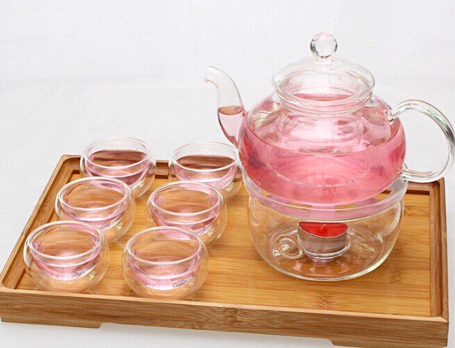 Porslin glas teservis 1 teservis med 6 dubbla väggkoppar 600ml värmebeständiga glas tekannaservisar