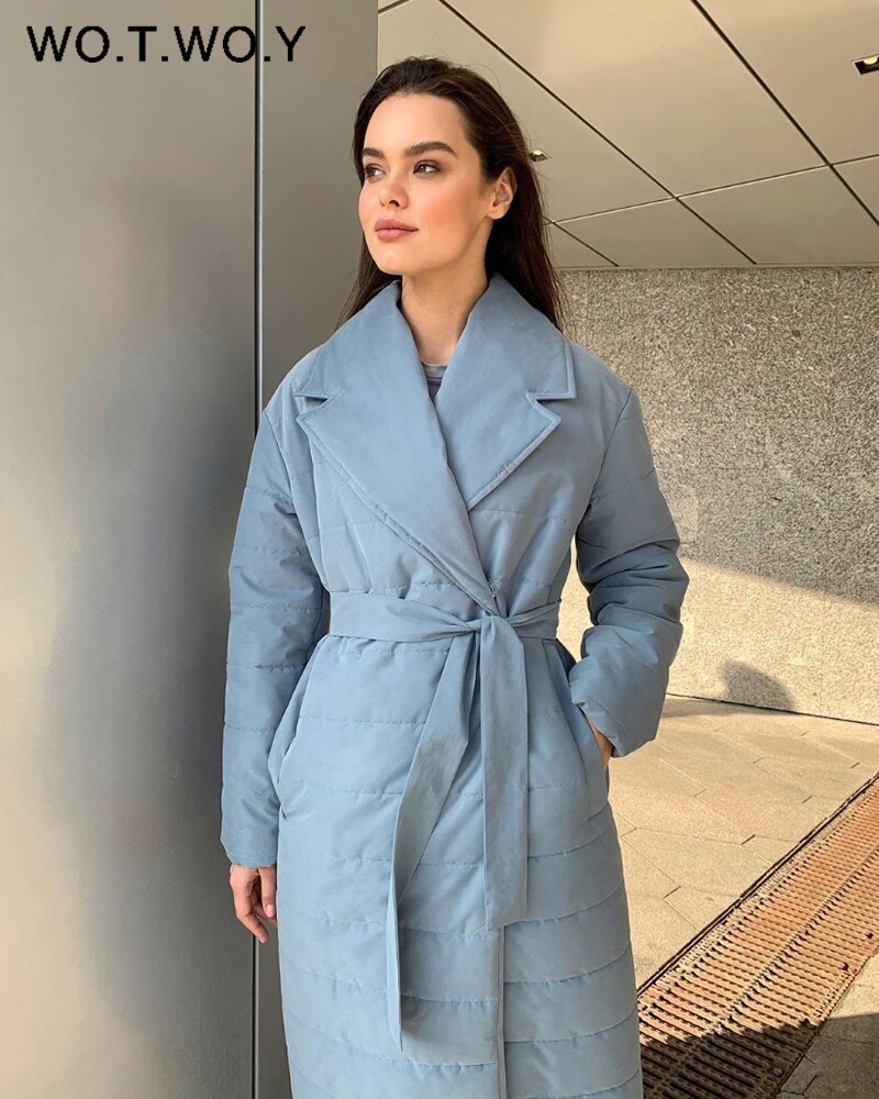 WOTWOY-Abrigo acolchado largo de Invierno para mujer, Parkas con cinturón grueso a prueba de viento para mujer, chaquetas informales liso de talla grande, ropa de nieve para mujer