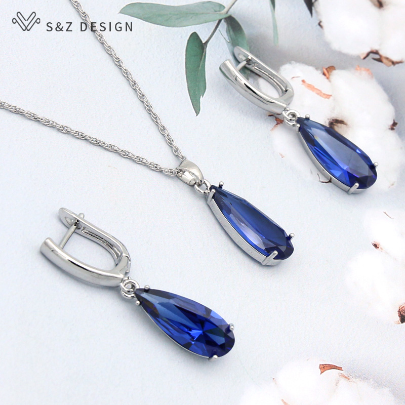 S &amp; Z 6 Kleur Lange Water Dangle Zirkoon Oorbellen Sieraden Set 585 Rose Goud Kleur Voor Vrouwen Koreaanse fijne Wedding Party Sieraden: WG blue