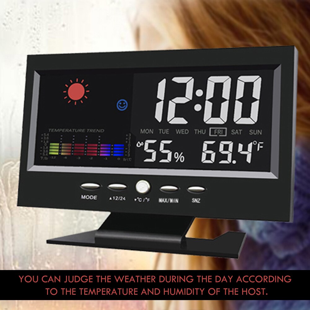 Voice Control Thermometer Hygrometer Calendar Weather Station Desk Alarm Clock Indoor Digital Temperature Humidity Gadget