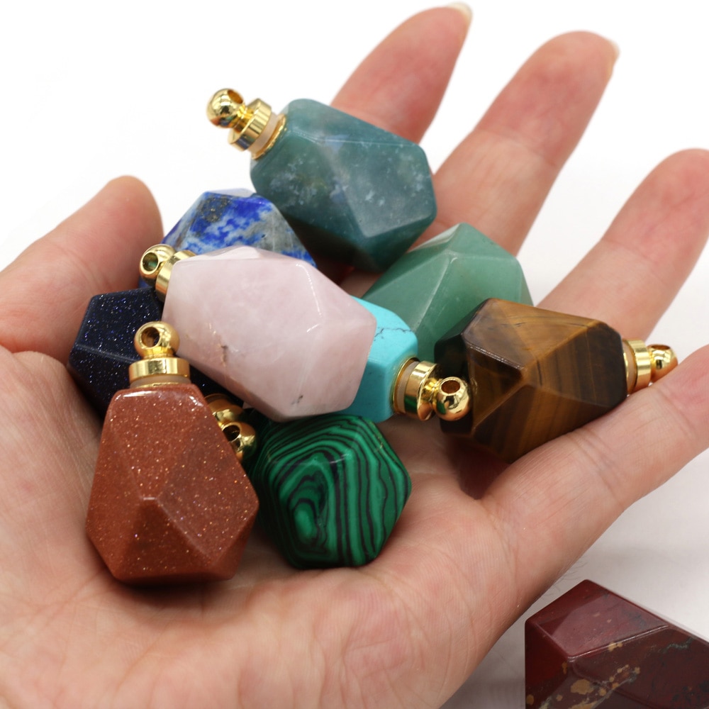 Natural Stone Perfume Bottle Pendant Polygon Semi-precious Exquisite Charms For Jewelry Making DIY Necklace Accessory