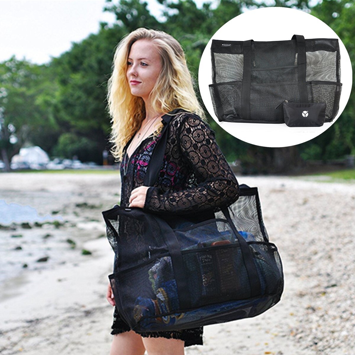 Women Mesh Swimming Bag Tote Zipper Handbags Shoulder Bag Multifunctional Beach Pool Pouch Mesh Bag for Picnic Swimming Travel