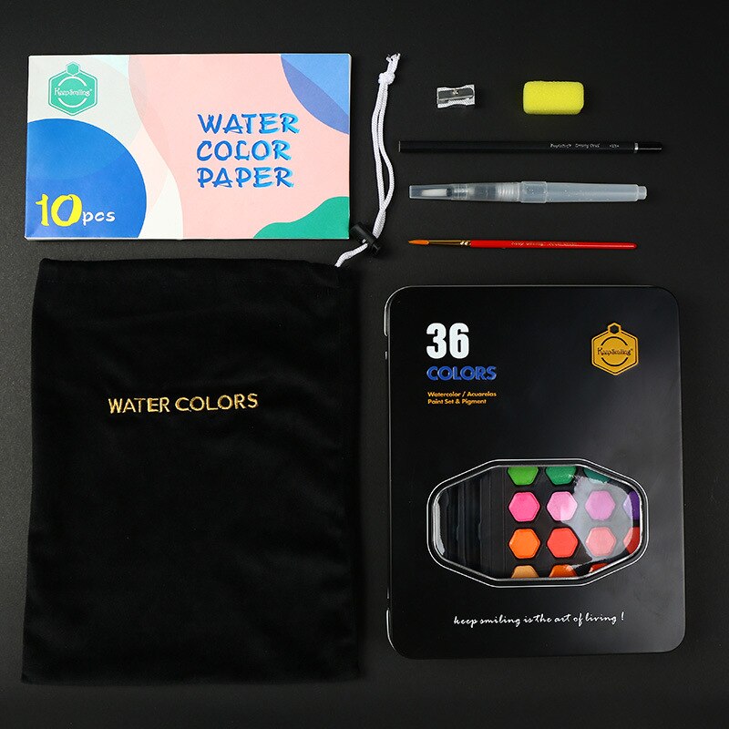 Professionele 36 Kleuren Solid Aquarel Verf Set Met Kwast School Water Kleur Pigment Set Art Supplies Voor Kunstenaar: Black Set