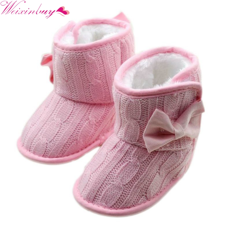 Winter Toddler Fleece Snow Boot Baby Shoes Infant Knitted Bowknot Baby Warm Shoes Red, Pink, Gray, Rose