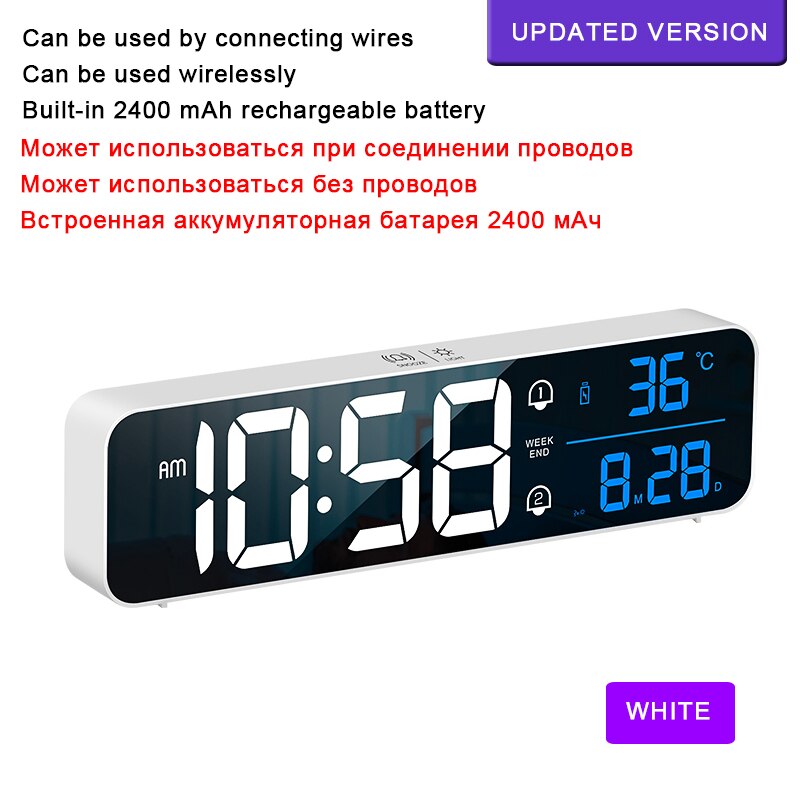MICLOCK Wireless 10.4 inch Alarm Clock Rechargeable Large LED Wall Digital Clocks 40 Ringtones Sound-Activated Date Temp Display: Wireless White