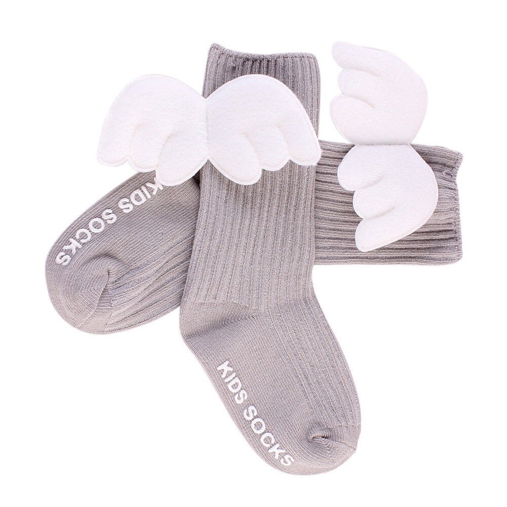 0-4Y Kids Baby Meisjes Katoenen Lange Sokken Effen Kleur Angel Wing Knie Lengte Sokken Herfst Winter Warm Lange Sokken Been warmer: GRAY / 2-4 Years