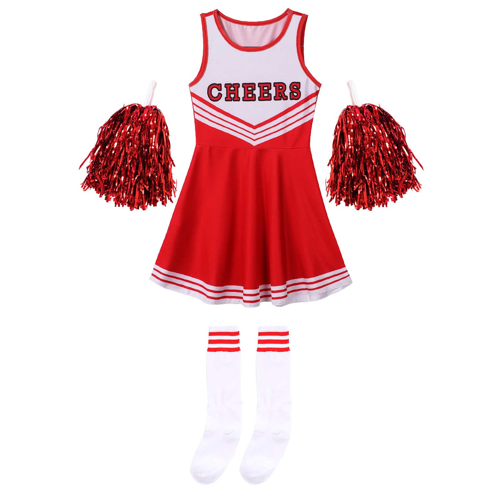 Uniforme de animadora para niños y niñas, traje de baile sin leeveless con cuello redondo y letras estampadas, vestido de baile, flores y calcetines