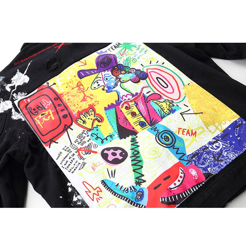 LOVZON-chaqueta vaquera con estampado de Graffiti para hombre, chaqueta masculina de estilo Hip Hop con cuello vuelto