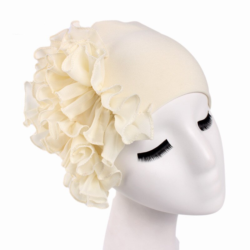 Frauen Muslimischen Rüschen Blume Turban Motorhaube Hütte Bandana Chemo Kappen wickeln Kopftuch: Beige